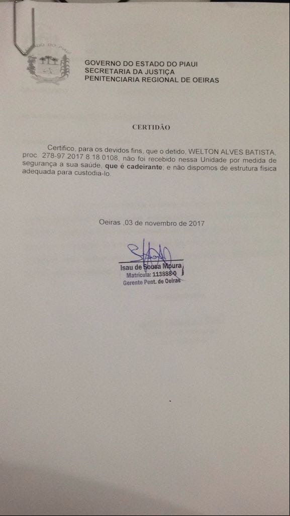 Documento que a unidade prisional não tem condições de proporcionar uma estrutura física adequada
