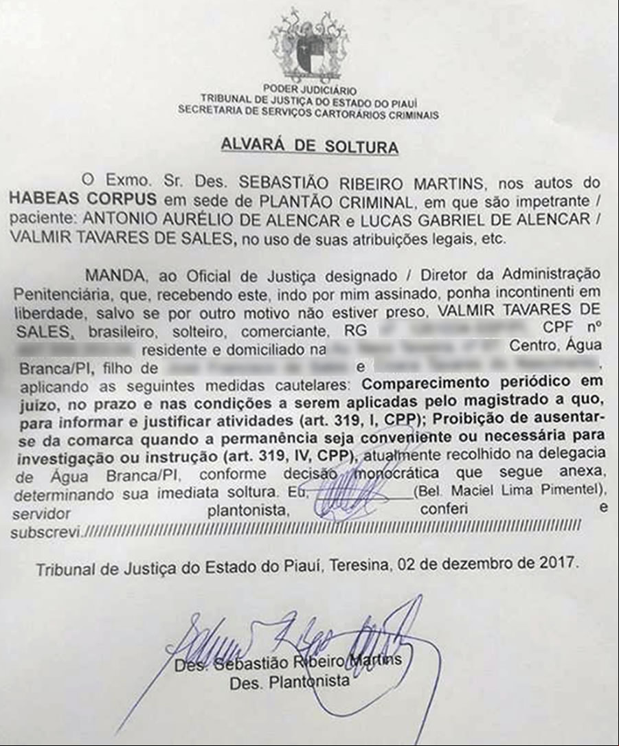 Alvará de soltura em favor de Valmir Tavares